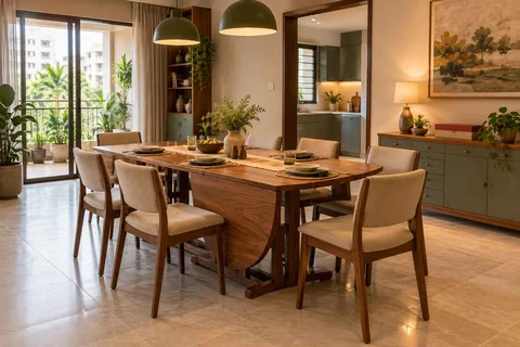 AI-generated dining-room concept: drop-leaf edge dining, board-game supper direction