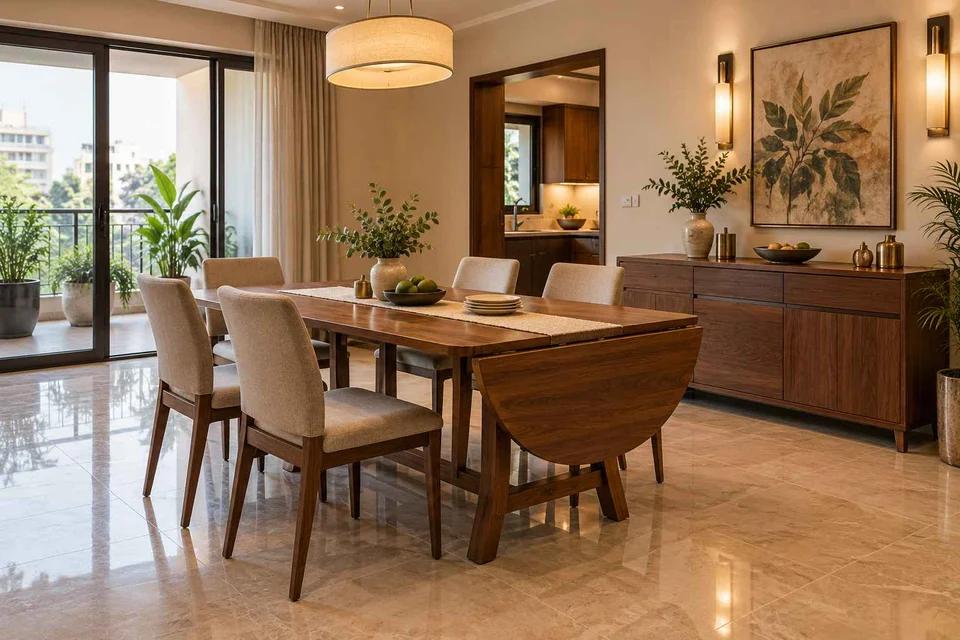 AI-generated dining-room concept: drop-leaf edge dining, buffet-side gathering direction
