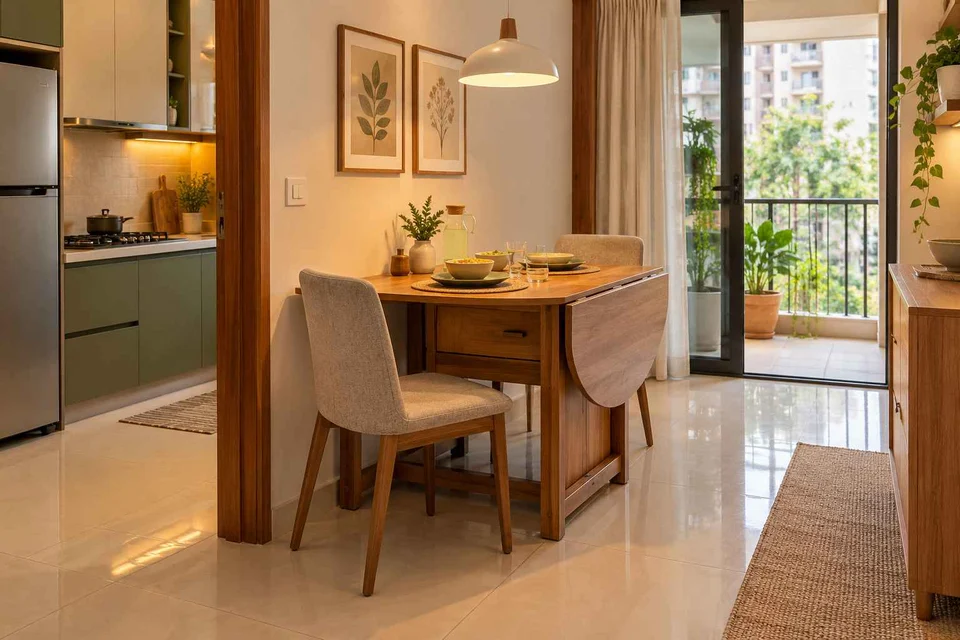 AI-generated dining-room concept: drop-leaf edge dining, children's everyday meals direction
