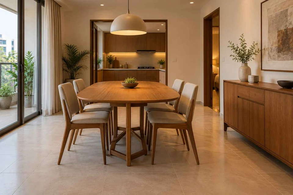 AI-generated dining-room concept: drop-leaf edge dining, clear-table daily reset direction
