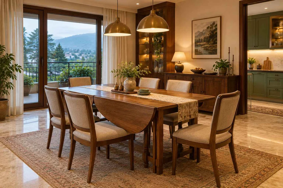 AI-generated dining-room concept: drop-leaf edge dining, cool-season family table direction