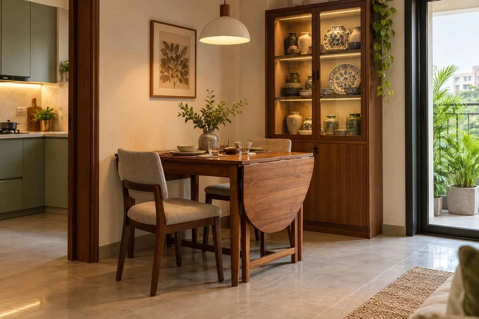 AI-generated dining-room concept: drop-leaf edge dining, crockery collection display direction