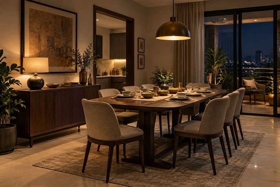 AI-generated dining-room concept: drop-leaf edge dining, evening candleless dinner direction