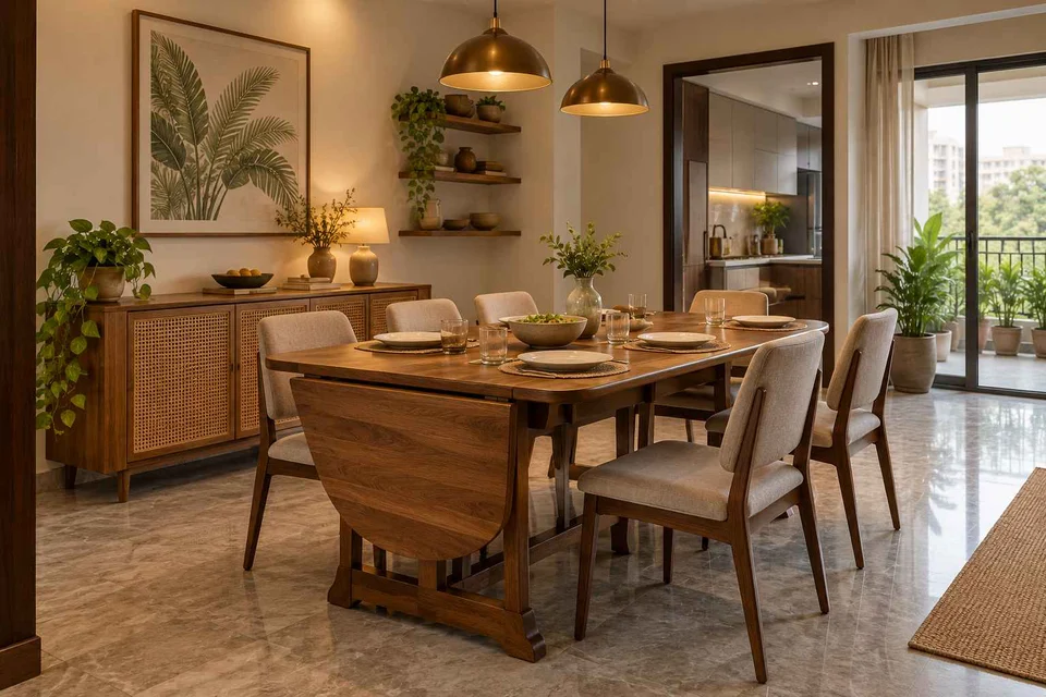 AI-generated dining-room concept: drop-leaf edge dining, everyday family supper direction