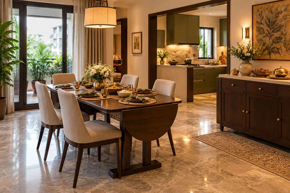AI-generated dining-room concept: drop-leaf edge dining, festival meal preparation direction