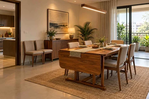 AI-generated dining-room concept: drop-leaf edge dining, flexible extra seats direction