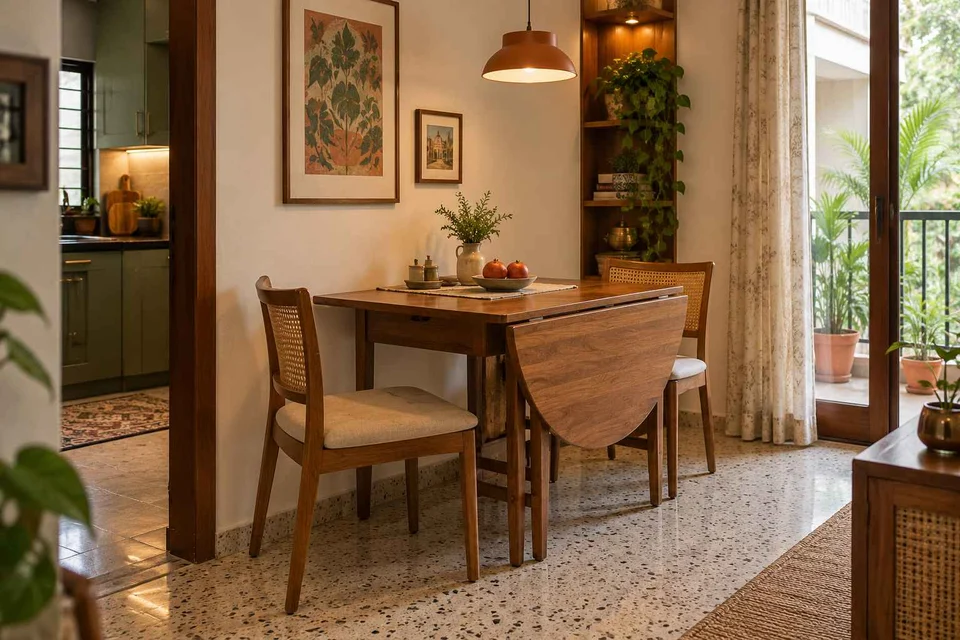 AI-generated dining-room concept: drop-leaf edge dining, grandparents and grandchildren direction