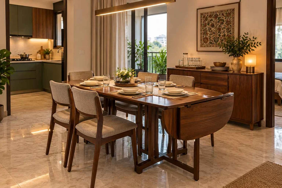 AI-generated dining-room concept: drop-leaf edge dining, guest welcome meal direction