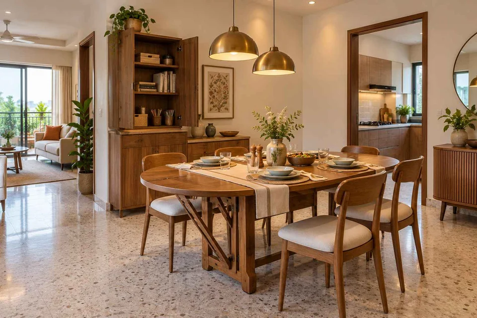 AI-generated dining-room concept: drop-leaf edge dining, homework-to-dinner transition direction