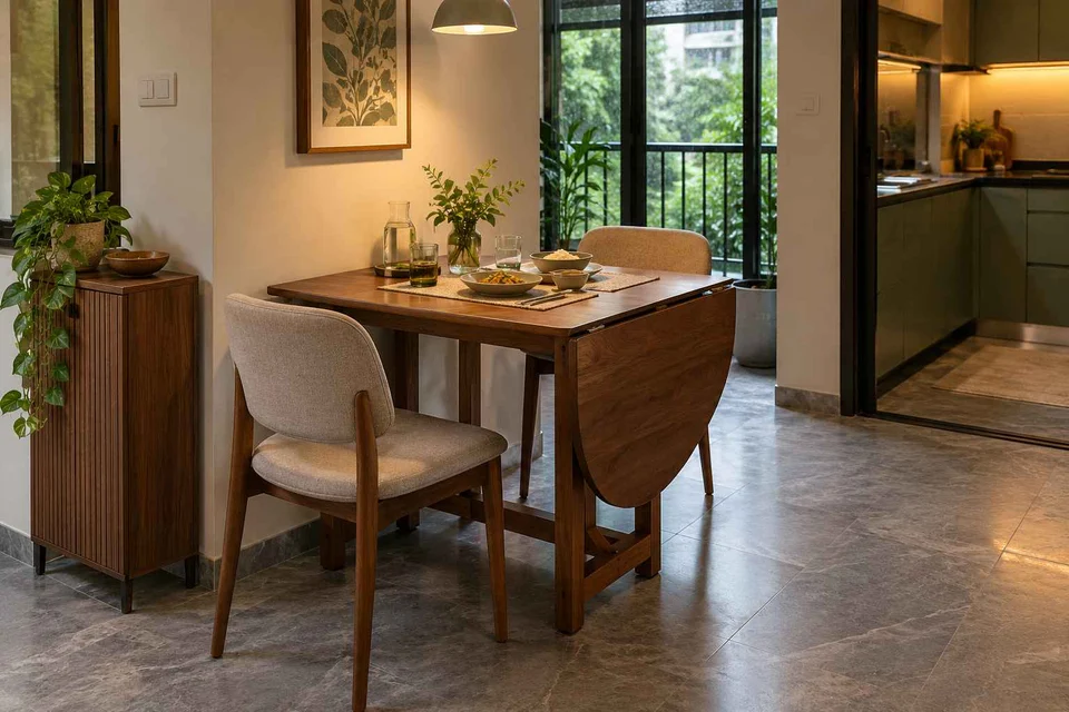 AI-generated dining-room concept: drop-leaf edge dining, monsoon lunch light direction