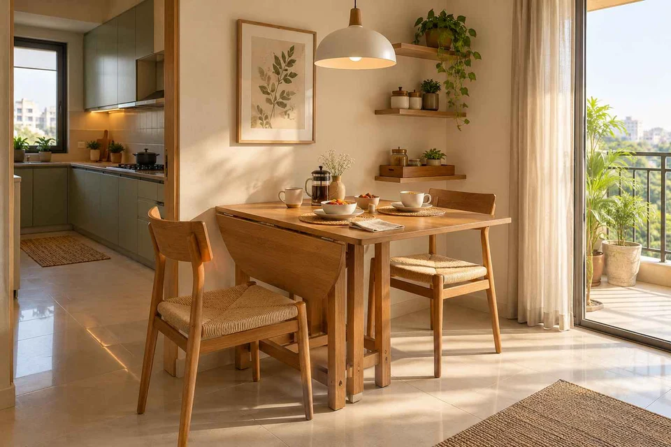 AI-generated dining-room concept: drop-leaf edge dining, morning breakfast rhythm direction
