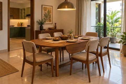 AI-generated dining-room concept: drop-leaf edge dining, serving bowl sharing direction