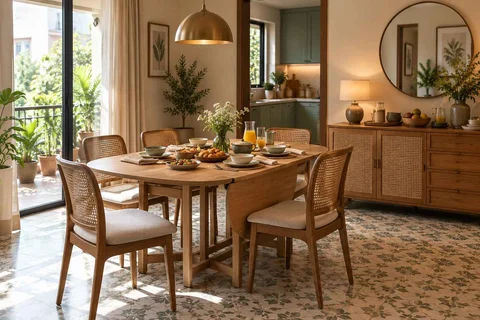 AI-generated dining-room concept: drop-leaf edge dining, slow weekend brunch direction