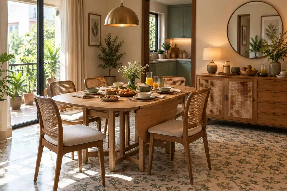 AI-generated dining-room concept: drop-leaf edge dining, slow weekend brunch direction