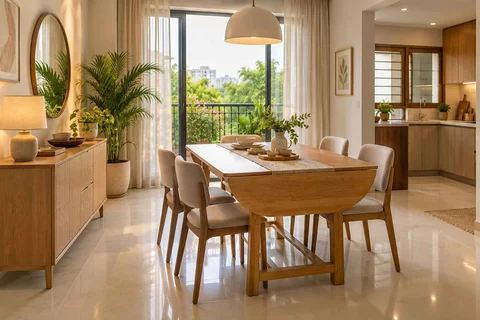 AI-generated dining-room concept: drop-leaf edge dining, summer-airiness dining direction