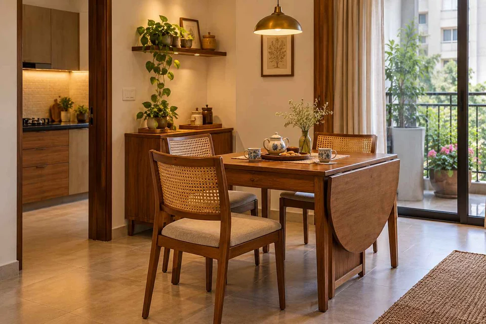 AI-generated dining-room concept: drop-leaf edge dining, tea with friends direction