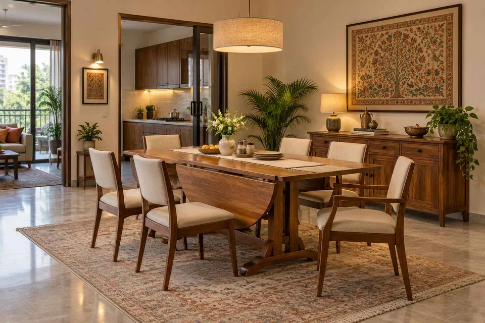 AI-generated dining-room concept: drop-leaf edge dining, visiting-parents meal direction