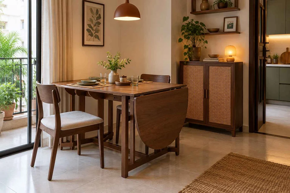 AI-generated dining-room concept: drop-leaf edge dining, weekend craft-to-meal reset direction