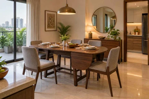AI-generated dining-room concept: drop-leaf edge dining, weeknight compact hosting direction