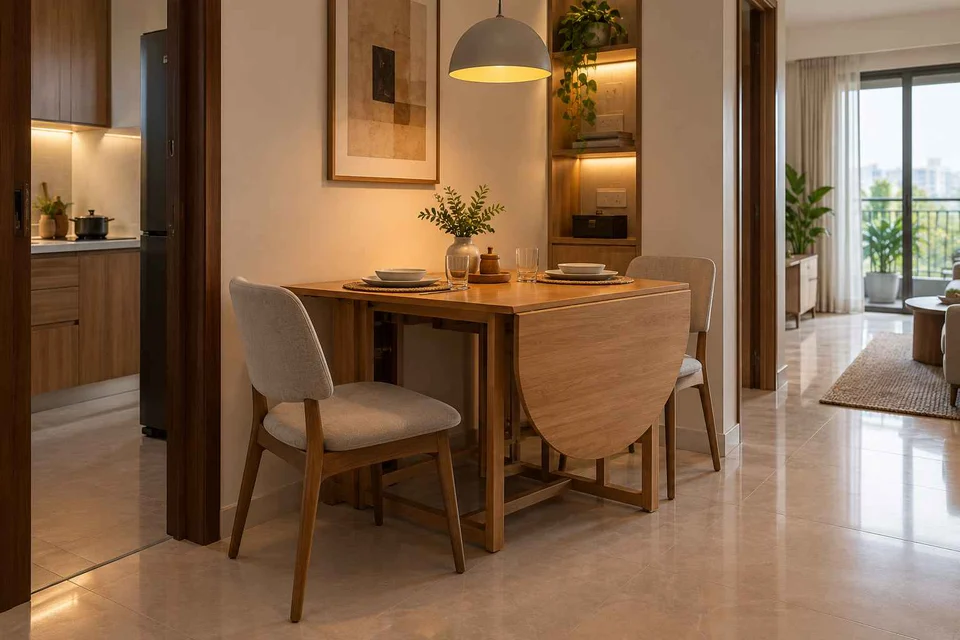 AI-generated dining-room concept: drop-leaf edge dining, work-from-home reset direction