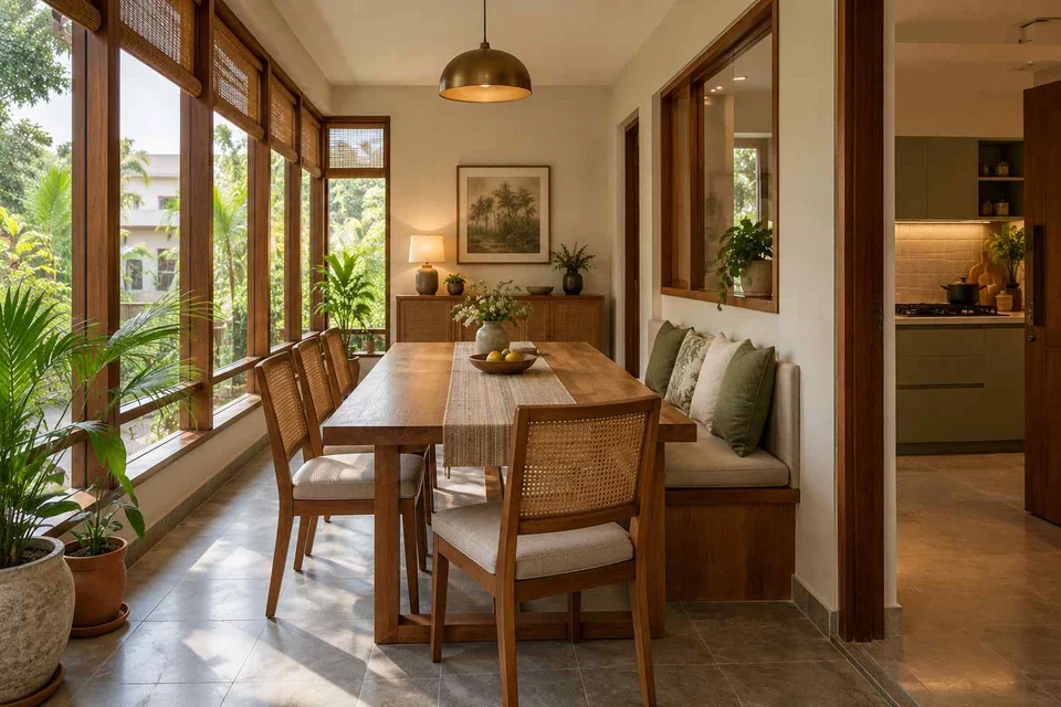 AI-generated dining-room concept: enclosed-veranda dining, adaptable everyday dining direction