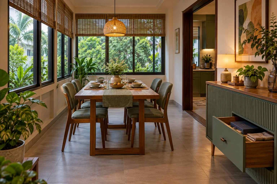 AI-generated dining-room concept: enclosed-veranda dining, board-game supper direction