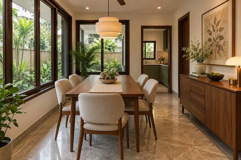 AI-generated dining-room concept: enclosed-veranda dining, buffet-side gathering direction