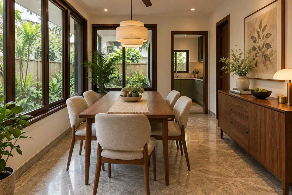 AI-generated dining-room concept: enclosed-veranda dining, buffet-side gathering direction
