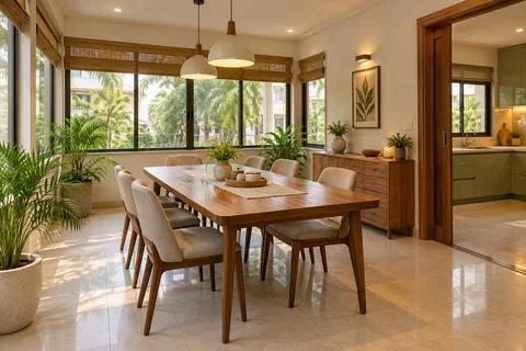 AI-generated dining-room concept: enclosed-veranda dining, children's everyday meals direction