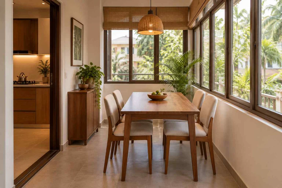 AI-generated dining-room concept: enclosed-veranda dining, clear-table daily reset direction