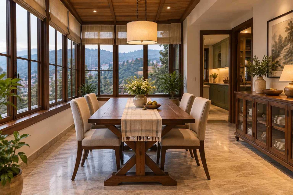 AI-generated dining-room concept: enclosed-veranda dining, cool-season family table direction