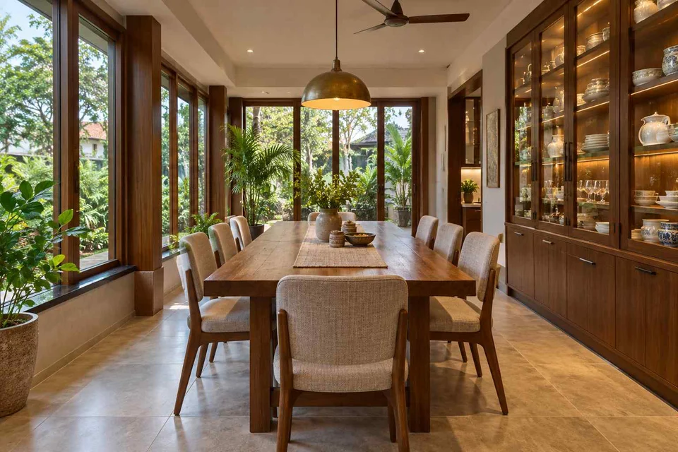 AI-generated dining-room concept: enclosed-veranda dining, crockery collection display direction
