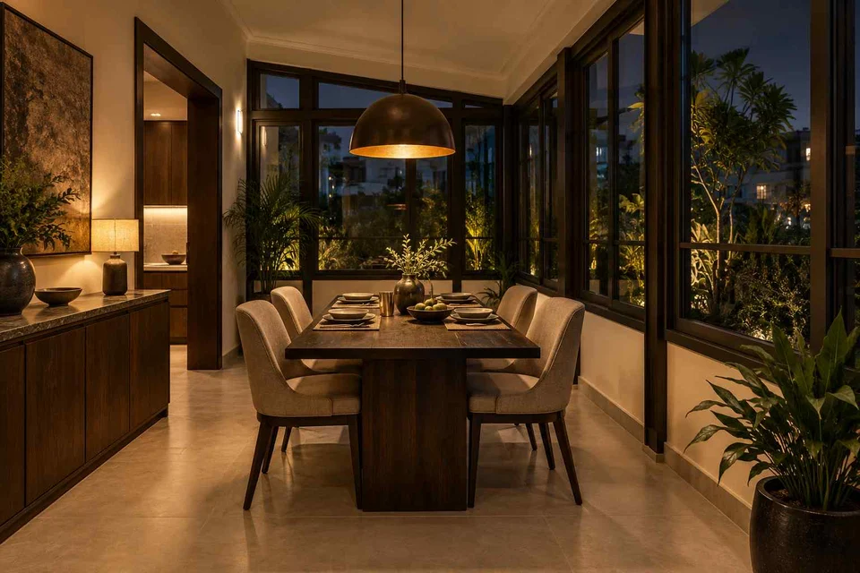 AI-generated dining-room concept: enclosed-veranda dining, evening candleless dinner direction