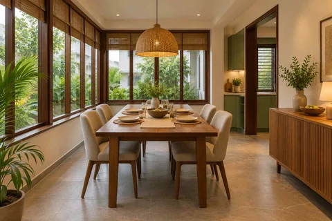 AI-generated dining-room concept: enclosed-veranda dining, everyday family supper direction