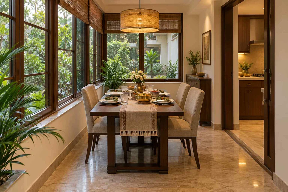 AI-generated dining-room concept: enclosed-veranda dining, festival meal preparation direction