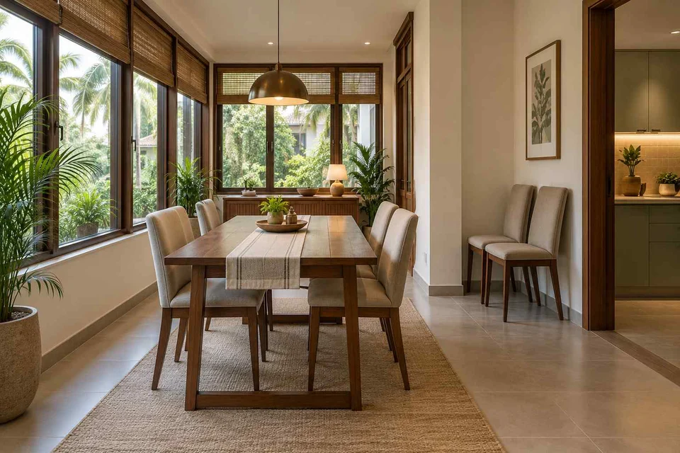 AI-generated dining-room concept: enclosed-veranda dining, flexible extra seats direction