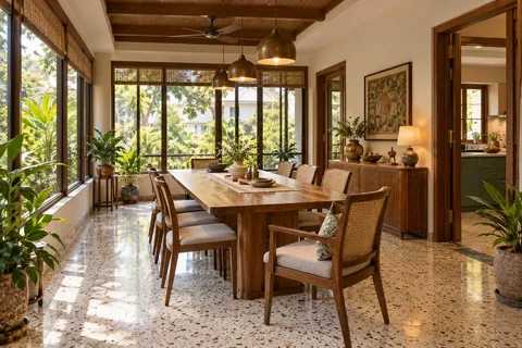 AI-generated dining-room concept: enclosed-veranda dining, grandparents and grandchildren direction