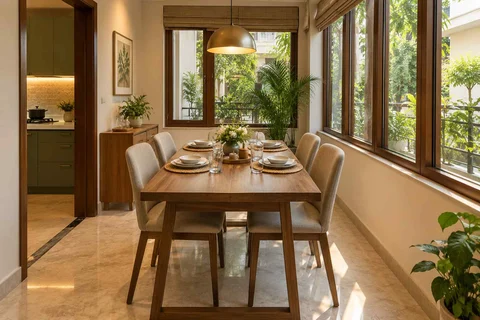 AI-generated dining-room concept: enclosed-veranda dining, guest welcome meal direction