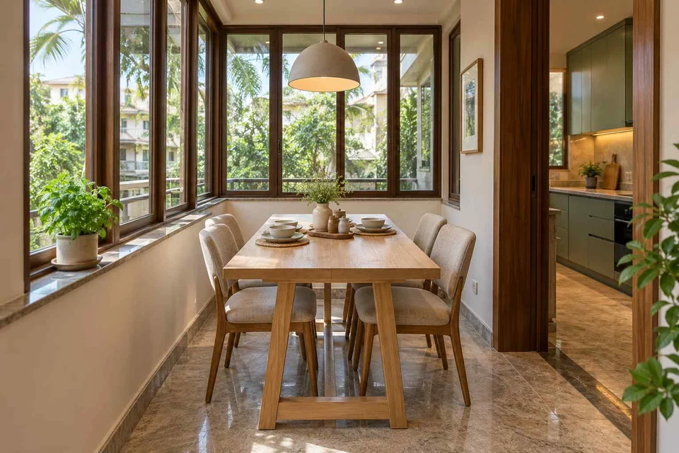 AI-generated dining-room concept: enclosed-veranda dining, homegrown herb table direction