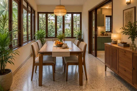 AI-generated dining-room concept: enclosed-veranda dining, homework-to-dinner transition direction