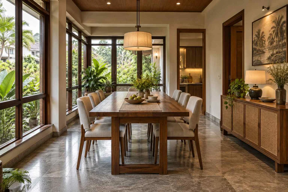 AI-generated dining-room concept: enclosed-veranda dining, monsoon lunch light direction