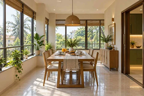 AI-generated dining-room concept: enclosed-veranda dining, morning breakfast rhythm direction