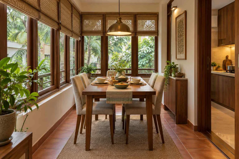 AI-generated dining-room concept: enclosed-veranda dining, serving bowl sharing direction