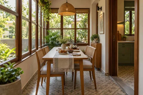 AI-generated dining-room concept: enclosed-veranda dining, slow weekend brunch direction