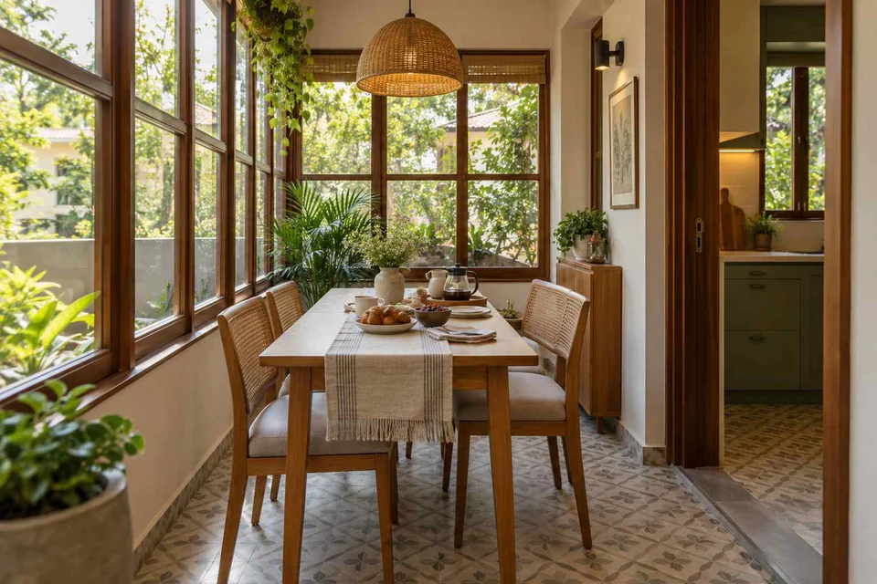 AI-generated dining-room concept: enclosed-veranda dining, slow weekend brunch direction