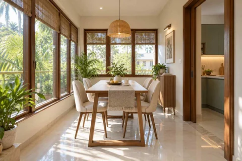 AI-generated dining-room concept: enclosed-veranda dining, summer-airiness dining direction