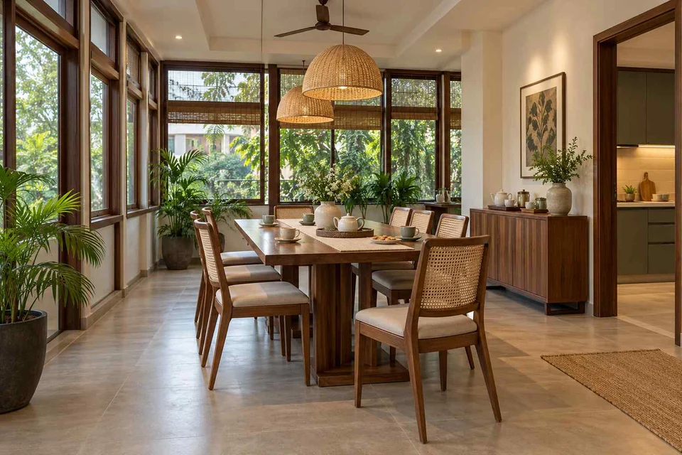 AI-generated dining-room concept: enclosed-veranda dining, tea with friends direction