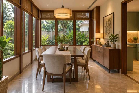 AI-generated dining-room concept: enclosed-veranda dining, visiting-parents meal direction