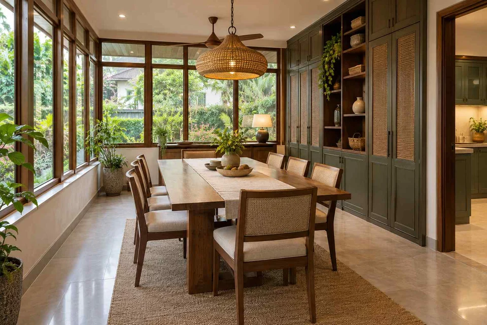 AI-generated dining-room concept: enclosed-veranda dining, weekend craft-to-meal reset direction