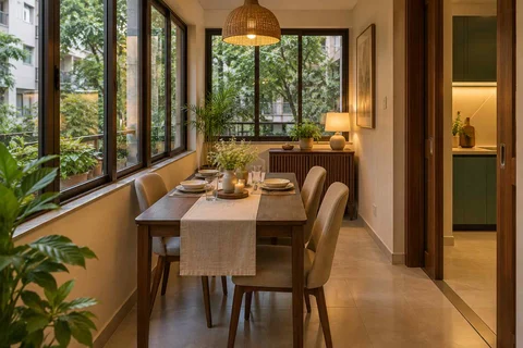 AI-generated dining-room concept: enclosed-veranda dining, weeknight compact hosting direction